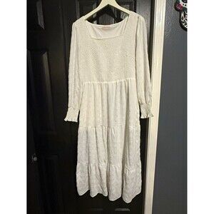 KIRUNDO XL White Smocked Tiered Maxi Dress Long Sleeve Cottagecore Bridal